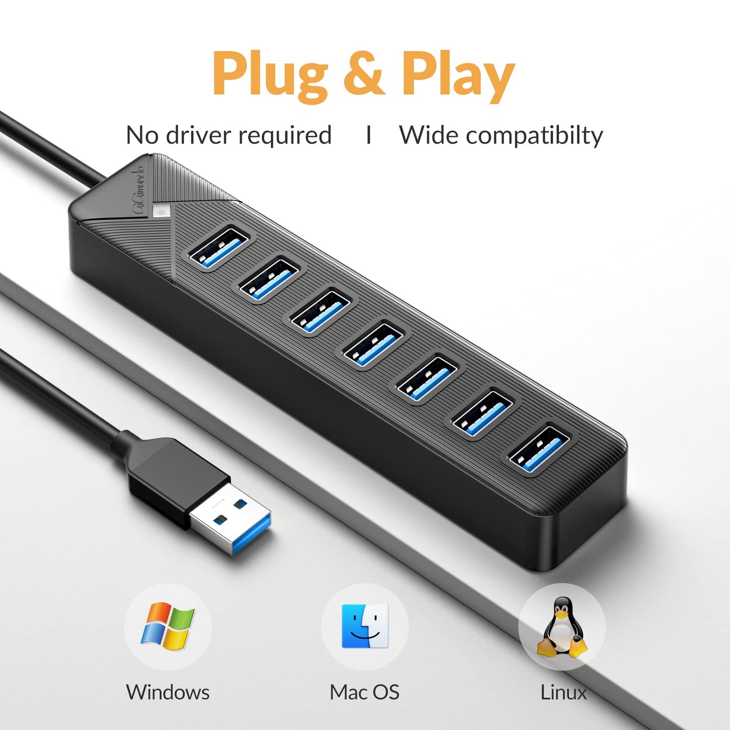 GiGimundo PG7U USB Hub 3.0, 7-Port USB Splitter, 1m Cable with 5V/3A Power Input, Multi USB Adapter for PC Laptop, older MacBook, PS4, PS5, Flash Drive, Keyboard, Mouse GGM-PG7U-U3-10-BK-EU