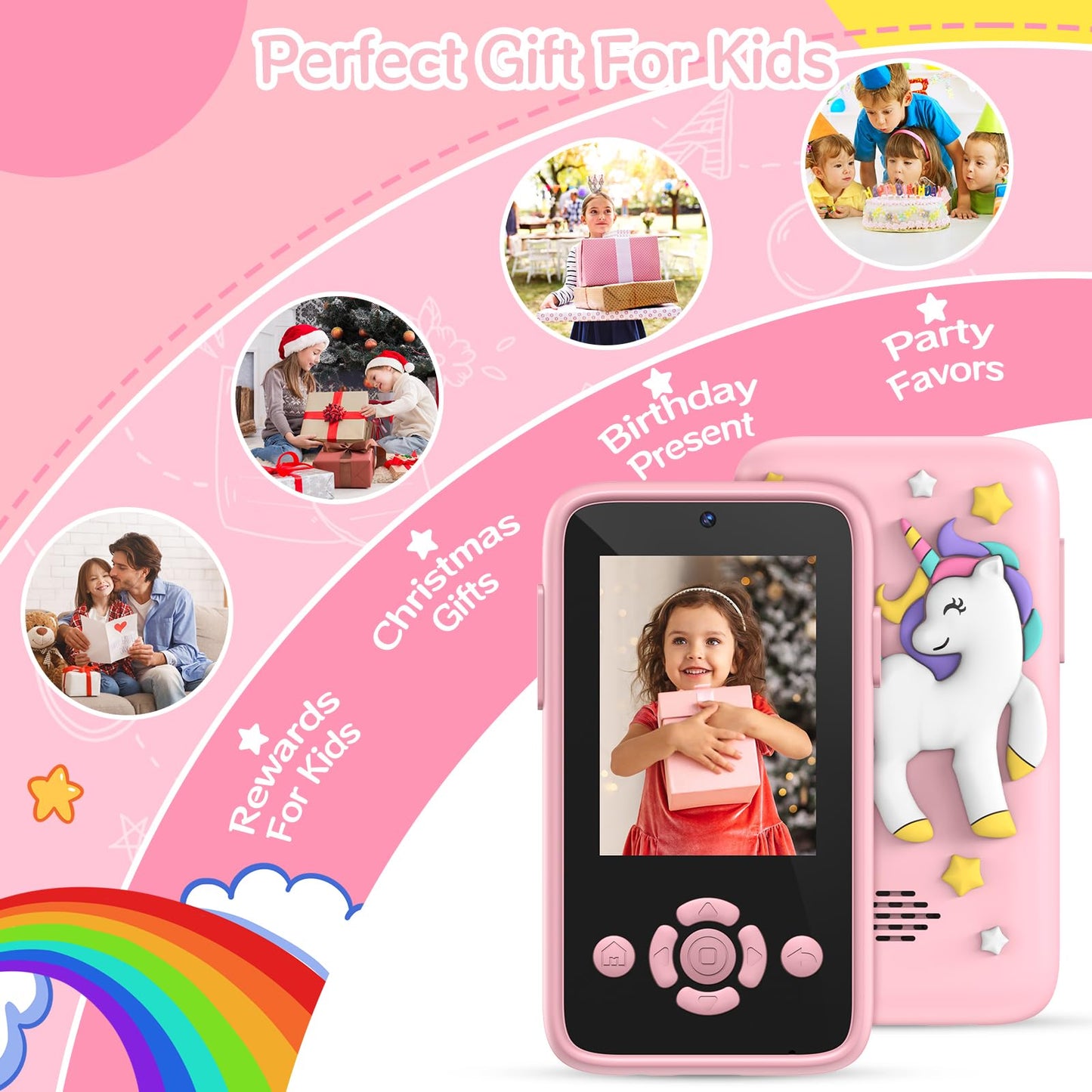 Children's mobile phone with music and games, 2.4" display children's camera with dual camera, 1080P HD children's phone with 32GB SD card, Christmas birthday unicorn gifts toys for 3-12 year old girls (pink)