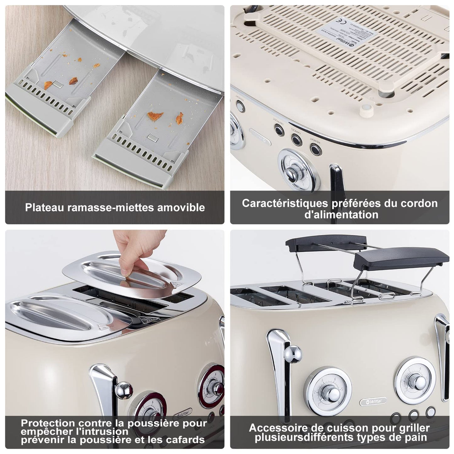 Wiltal 4-Slice Toaster, Long Slot Toaster, Stainless Steel Housing, with Built-in Bun Warmer, With Cover, Browning Control 1-6, Defrost Function, Crumb Tray, Retro Toaster, Cream White.