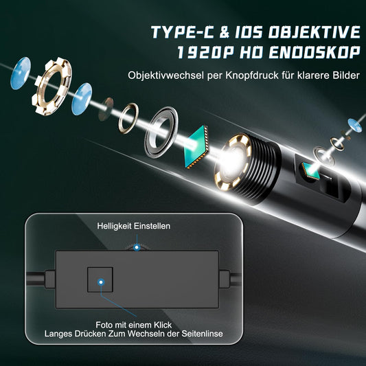 Maylatte Dual Lens Endoscope Camera with Light, 7.9mm 1920P HD Inspection Camera with 8+1 Lights, IP67 Waterproof 16.5FT Semi-Rigid Cord for Pipe Inspection, Industrial Endoscope for iPhone