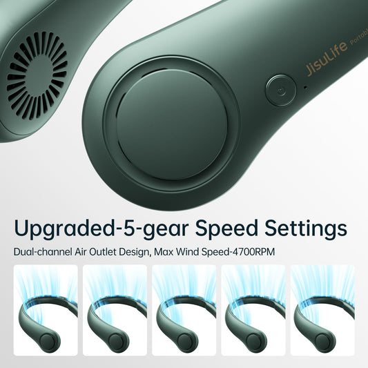 JISULIFE Portable Neck Fan, Bladeless Neck Fan, 5 Speeds, 4000mAh Battery Operated Portable Personal Fan, Gift for Women and Men - Dark Green
