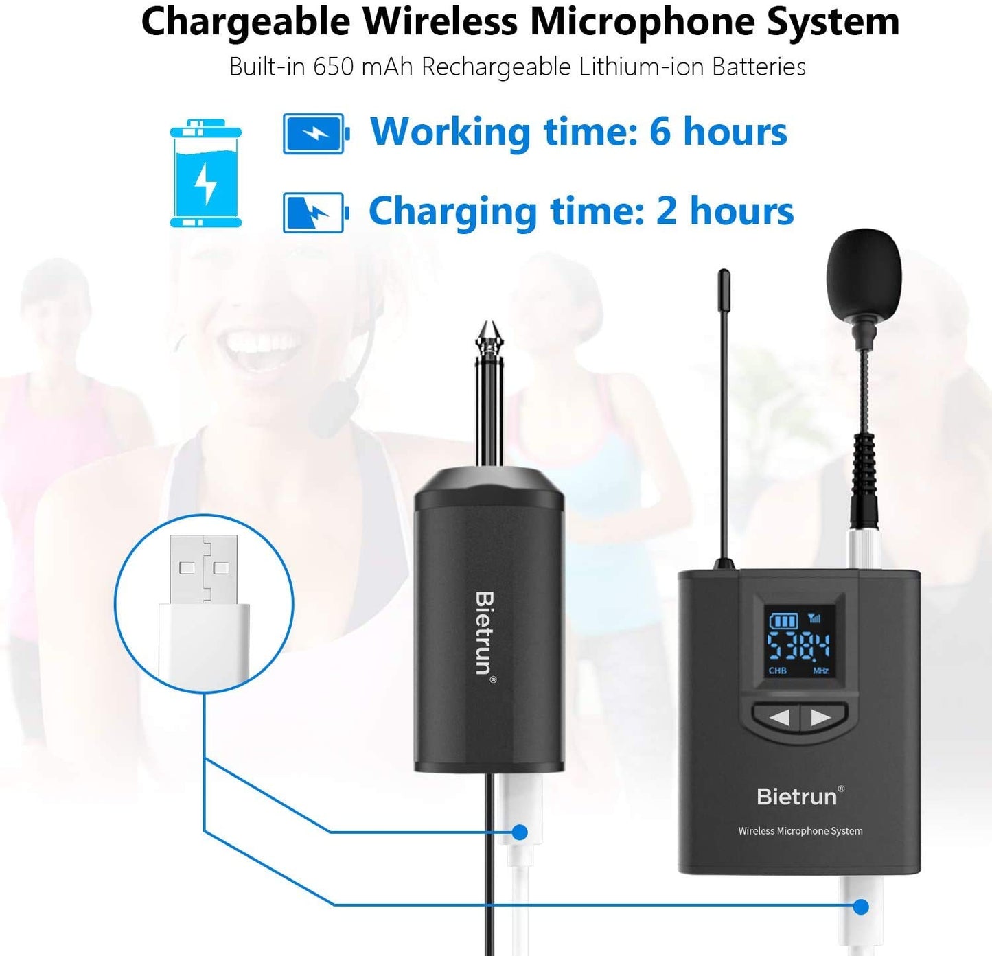 Wireless UHF Lavalier Microphone Headset, rechargeable, 50m range, with 6.35mm/3.5mm plug for amplifiers, PA systems, mixers, PCs, cameras, lectures, vlogs, teaching, interviews.