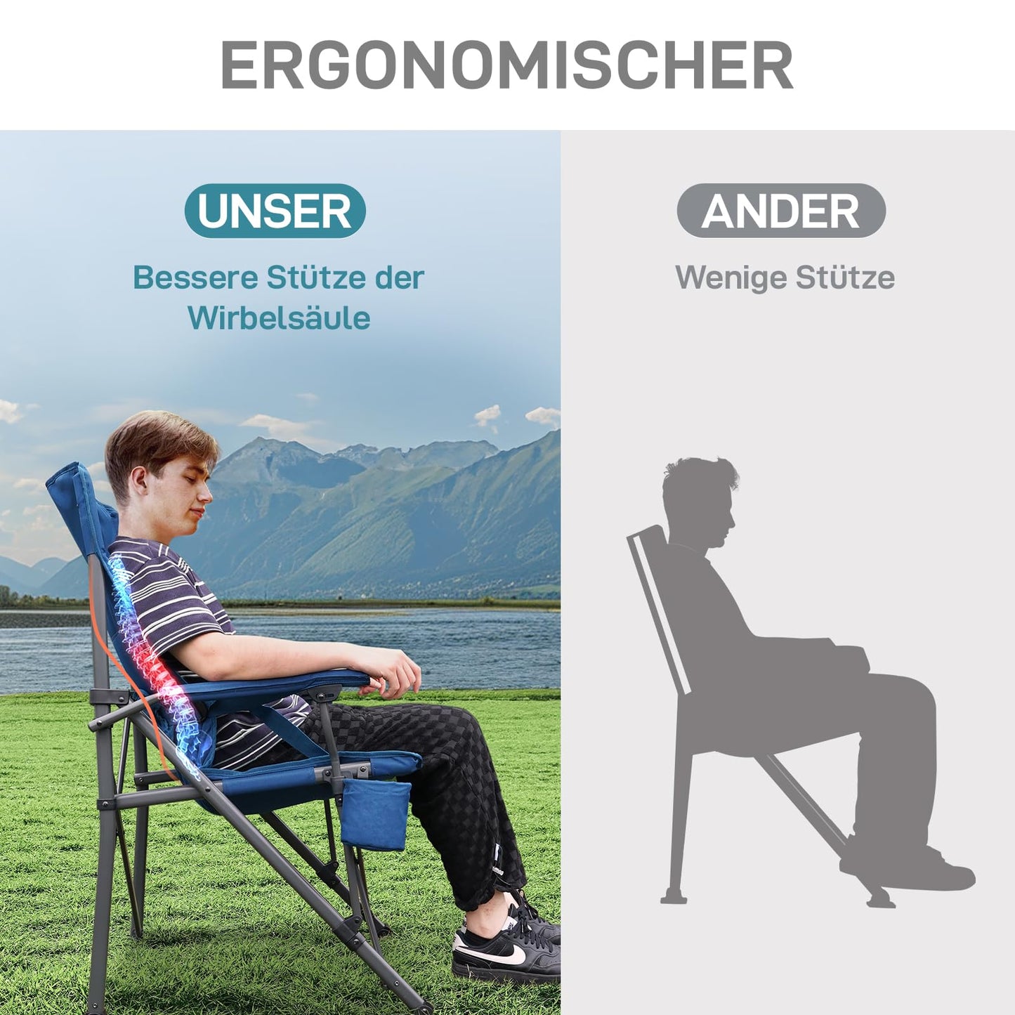 Ever Advanced folding camping chair supports up to 230KG. XL size with lumbar support, 62cm wide seat, side pocket, and drink holder. Great for camping, outdoor activities, balcony, and garden.
