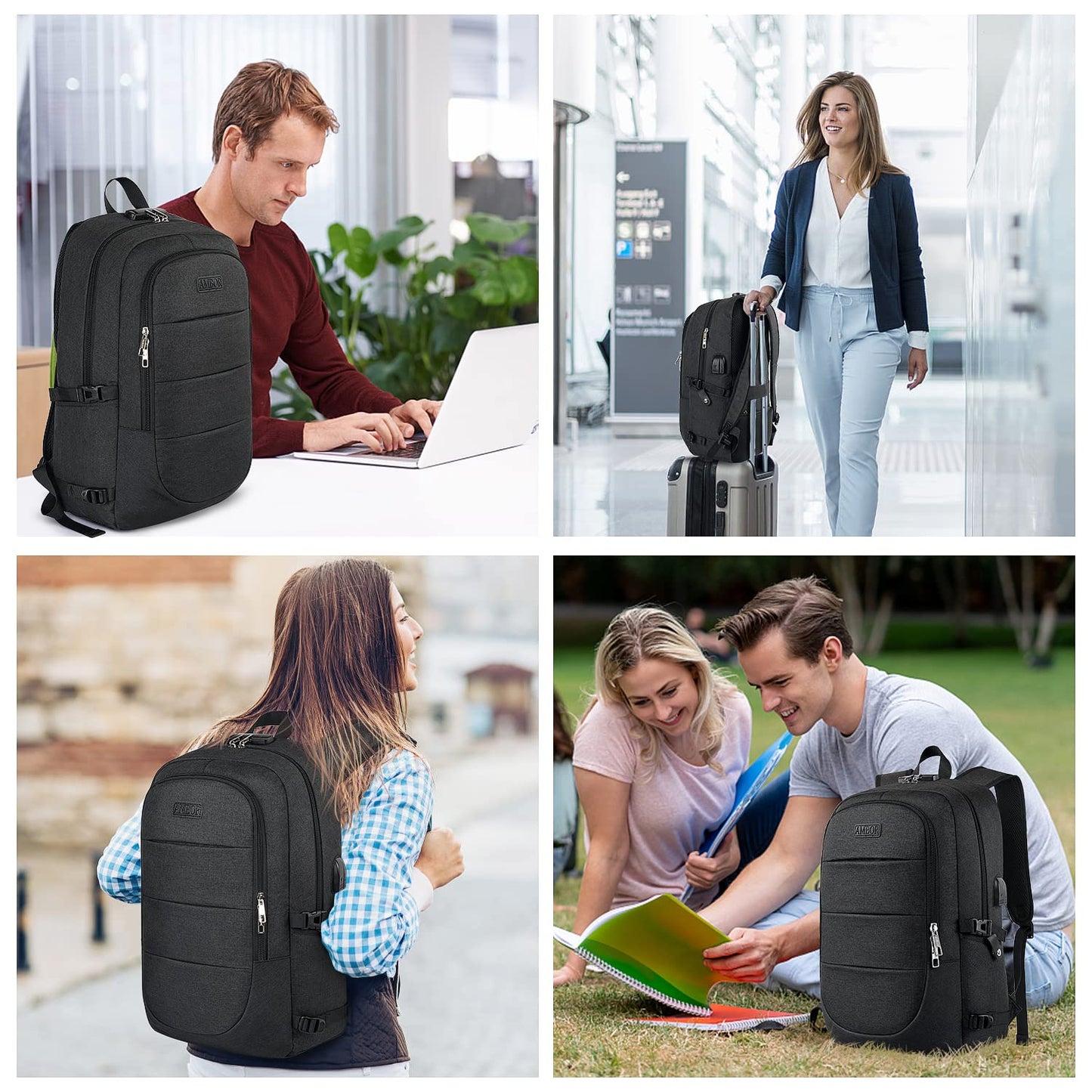 AMBOR Backpack for Men, 17.3 Inch Laptop Backpack School Backpack with USB Charging Port, Women's Anti-Theft Backpack Multifunctional Notebook Bag Waterproof, Black