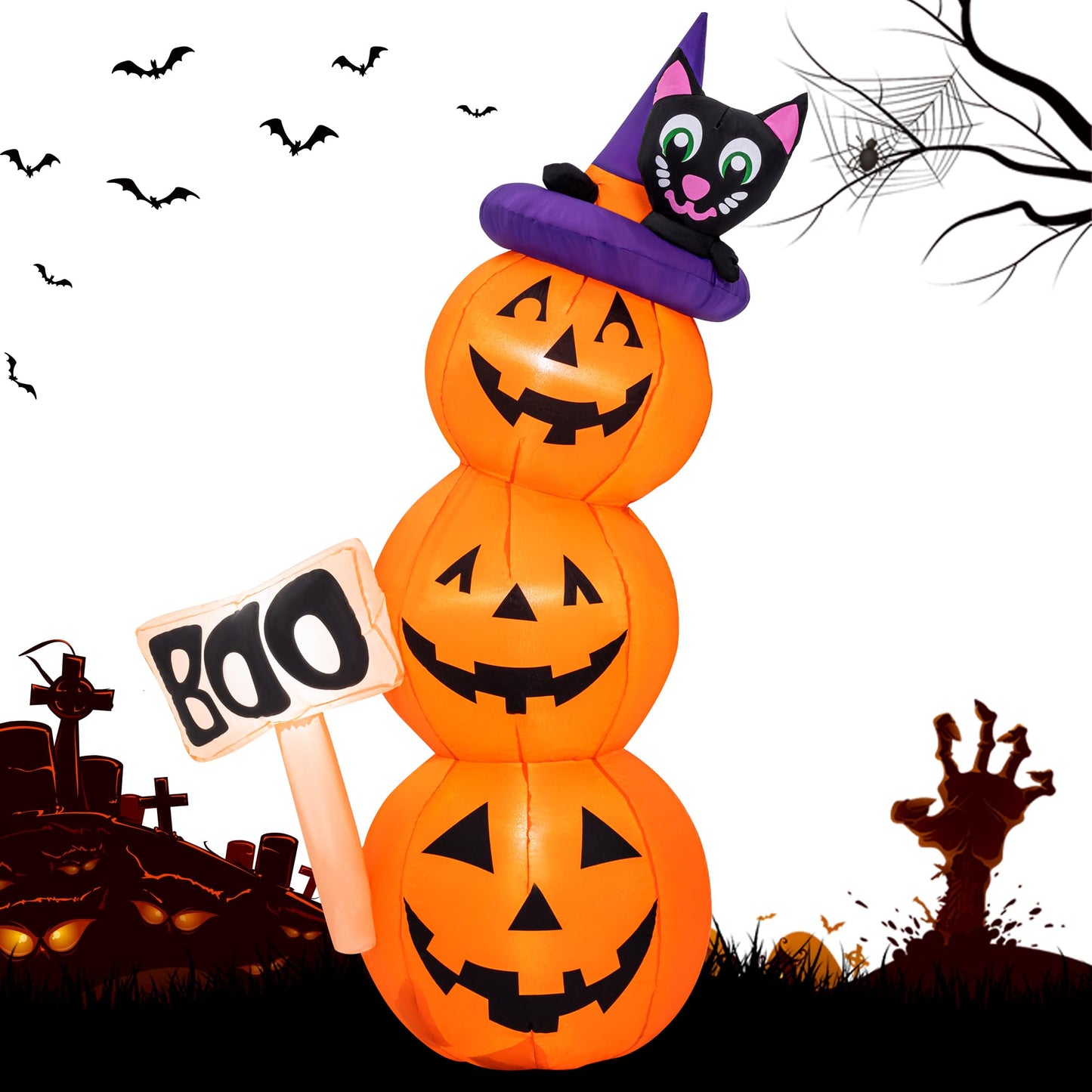Solpex Halloween decoration, inflatable pumpkin and black cat decoration, 150cm/5FT stacked pumpkin with LED lighting for party, garden, lawn, yard decoration (orange & white)