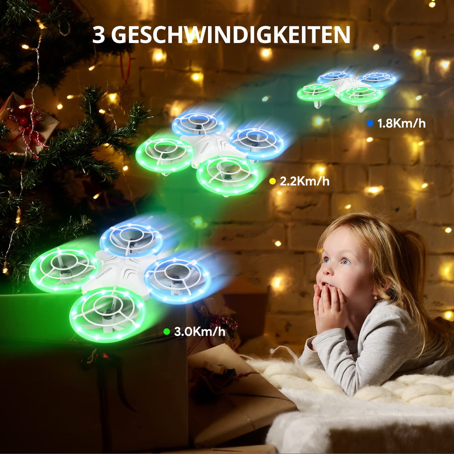 TOMZON Mini Drone for Kids, Blue and Green LED Lights, RC Quadcopter with 2 Batteries, Headless Mode, Throw Go/3D Flip/Rotation/Circle Fly for Beginner Kids