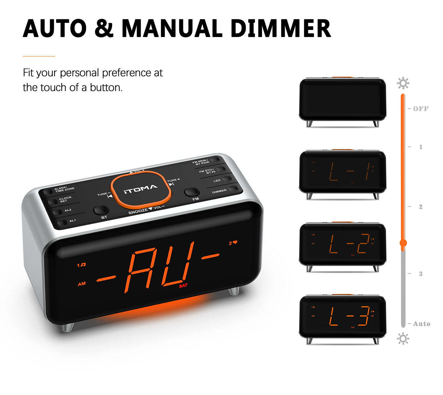 iTOMA clock radio with app control, Bluetooth, FM radio, dual alarm from 4 alarm modes, easy snooze, dimmer, orange night light, 12/24 hr through USB charging port CKS208