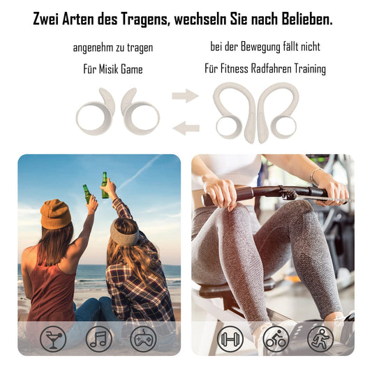 Bluetooth sport headphones in-ear, waterproof and sweatproof. Wireless with noise cancellation, microphone, and ear hooks for training, running, cycling. Compatible with iOS and Android, in beige color.