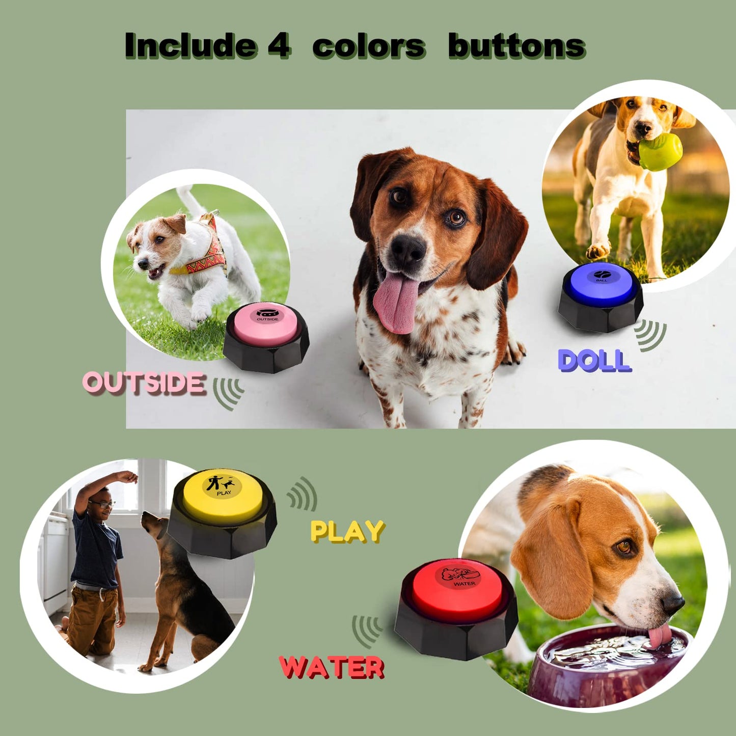 WHATOOK Dog Buttons Communication for Cat Dog, Buzzer with Recording Function, 4-Pack Recordable Training Sound Pad for Dogs Kids Press for Interaction, Games to Communicate and Speak
