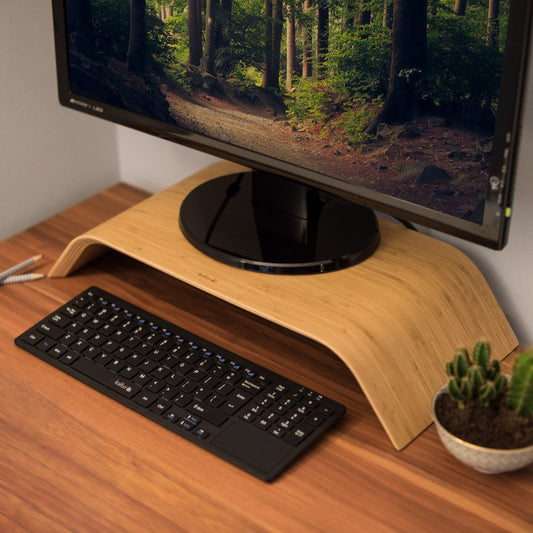Calibri monitor wood stand TV stand - computer table desk attachment monitor stand bench - bamboo desk attachment in light brown.