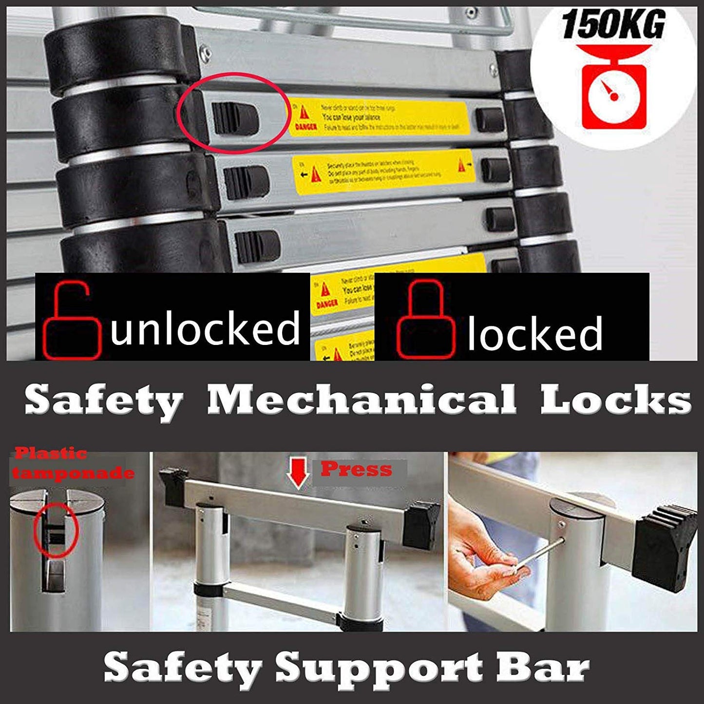 Aluminum telescopic ladder, 5m telescopic ladder, 16 steps, max load 150kg.