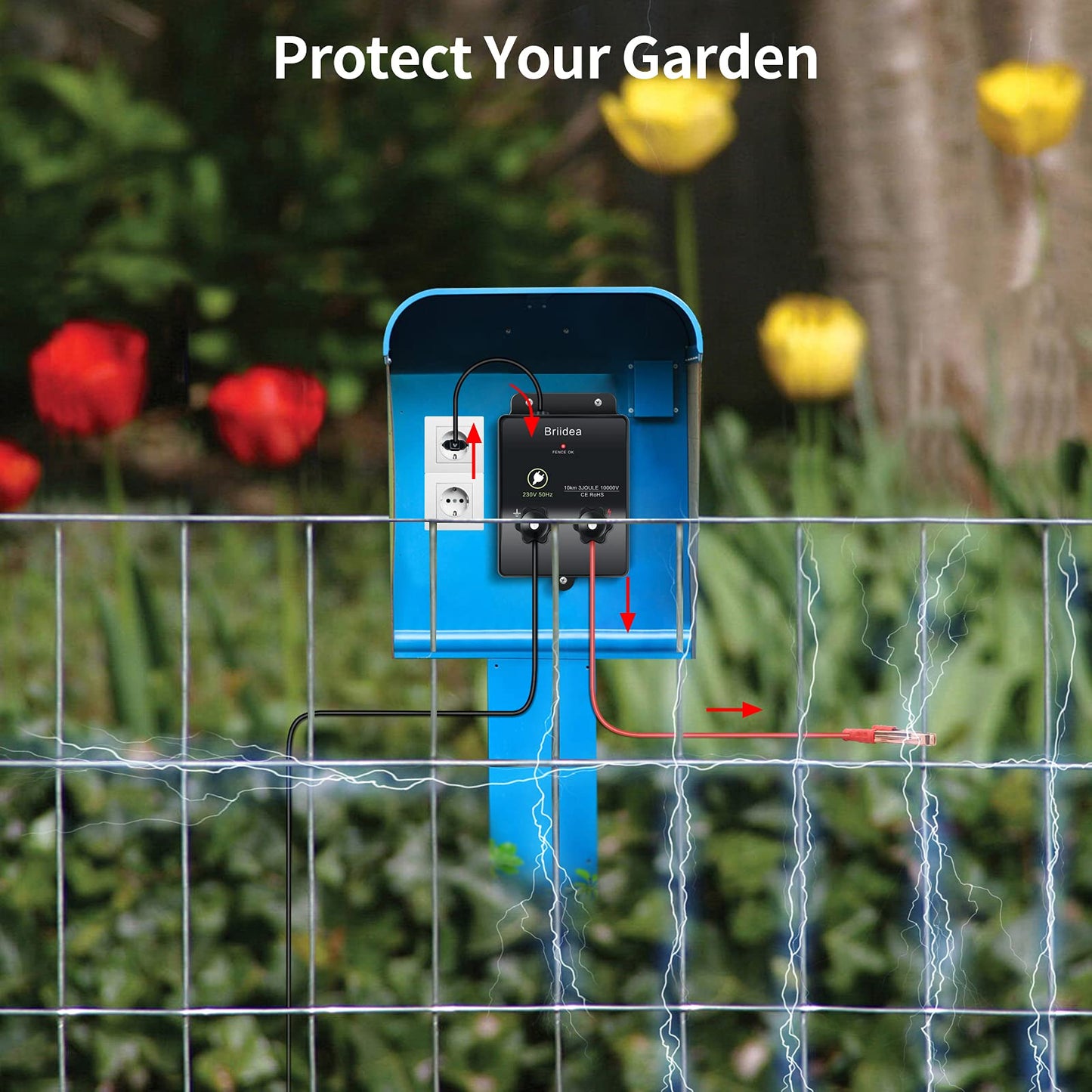 230V electric fence energizer, Briidea 6.2 miles electric fence energizer for dog fence, livestock fence, squirrel, used for gardens, chicken coops, Easy installation, 3 Joules