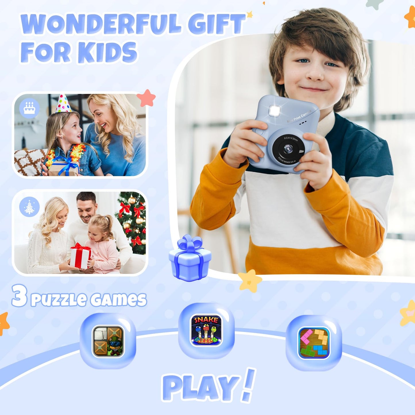 CalineGam instant camera for kids, 3.0 inch screen 48MP kids camera with 32GB card, 1080P HD kids instant print camera, gift for 3-12 boys and girls (blue)
