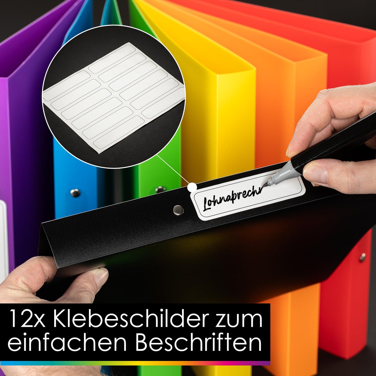OfficeTree 12x Ring Binder Set - 12 Colors - 2-Ring Mechanism - A4 Ring Binder Back width 3.5cm - Ring Folders made of durable plastic - Slim Ring Binder with Sticker - Folder