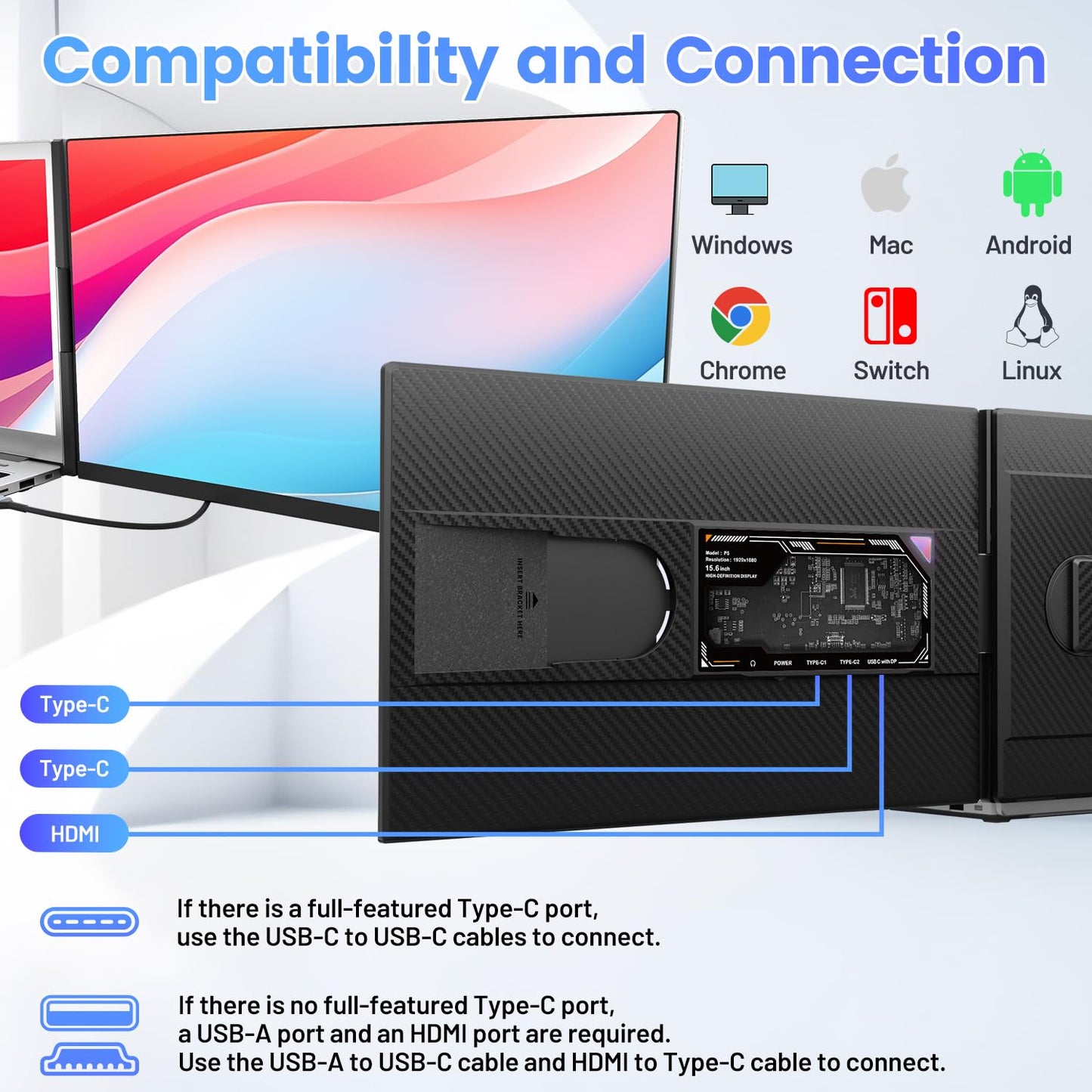 Teamgee Laptop Monitor Extension 15.6, 1080P FHD IPS Portable Monitor compatible with 13"-17" laptops, Slim Bezel-Less Screen Extender with detachable stand, Plug and Play for Mac, Windows.