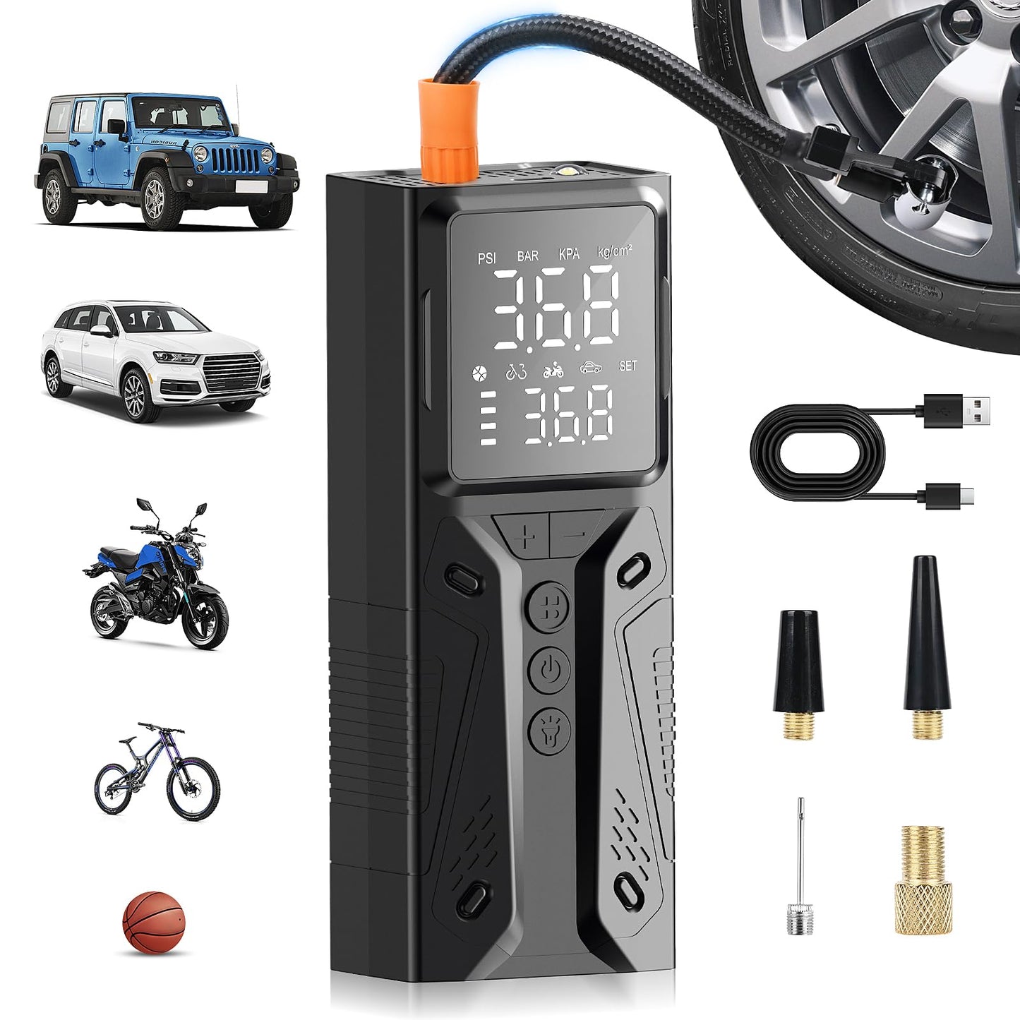 Gerbala 6000mAh Portable Electronic Air Pump - 150PSI Electric Bike Pump with Digital Display and LED Light - Battery Compressor Air Pump for Vehicles, Bikes, Balls, and more