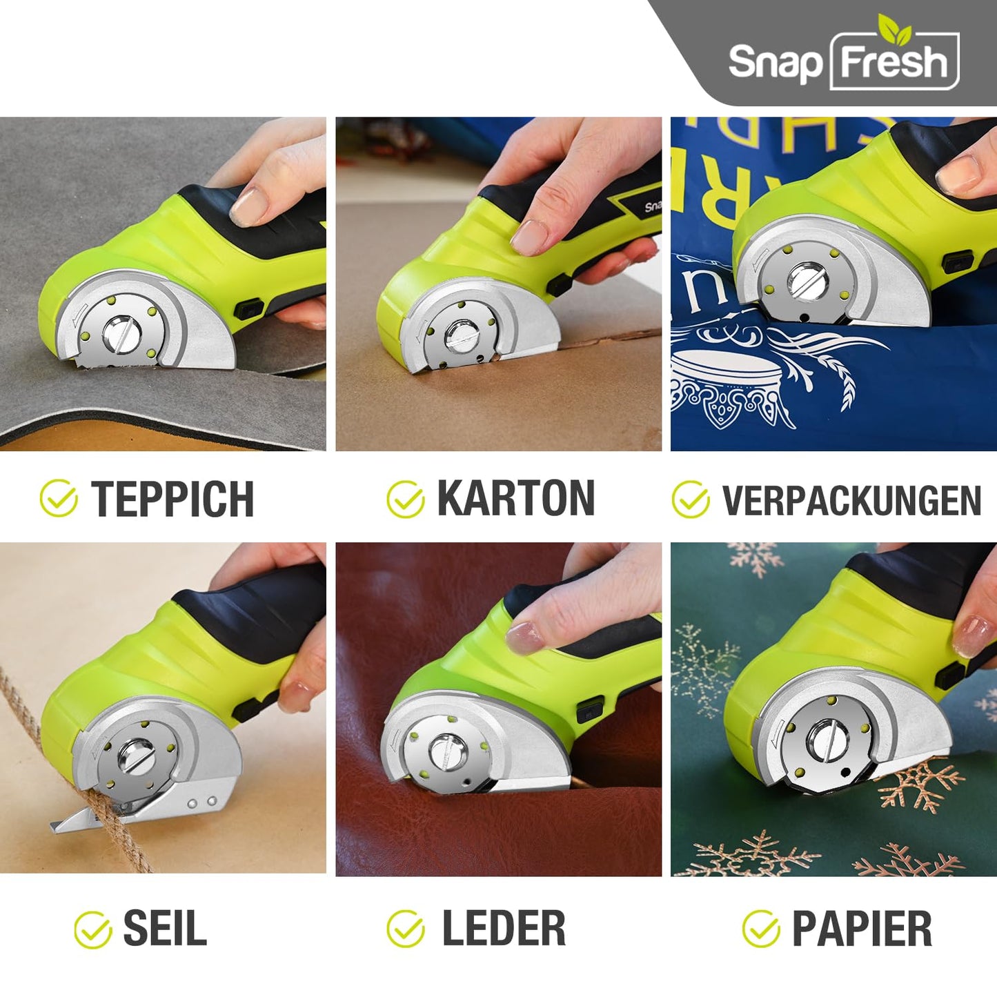 SnapFresh Cardboard Cutter Electric Scissors 4V Cordless Rotary Cutter Universal Cutter Rotation Cutter - 2 Self-sharpening Blades - for Paper, Cardboard, Carpet, Leather, Felt, Plastic