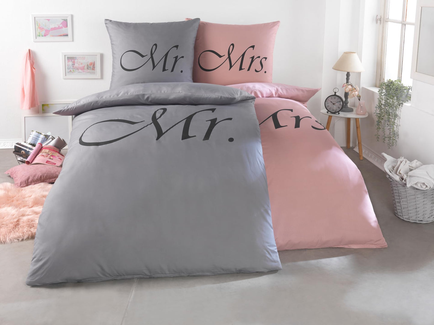 Kuscheli® 4-piece partner bedding set 135x200 with 80x80 pillowcase | ÖkoTex Certified | silky soft, microfiber for couples, color: King-Queen pink-gray