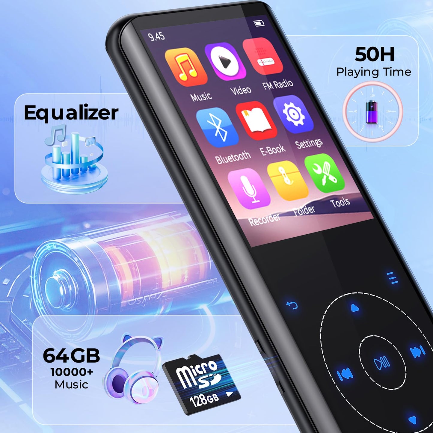 64GB MP3 Player Bluetooth 5.3, HiFi Music Lossless Sound, Metal Housing Built-in HD Speaker, Touch Button, Speaker, Voice Recorder for Sports, Running, expandable up to 128GB (64GB Black)