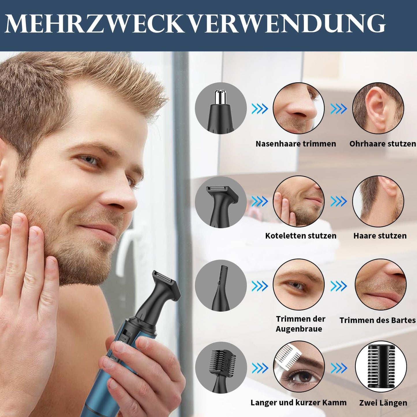 Nose Hair Trimmer Men, 3 in 1 Professional Ear Hair Trimmer and Nose Hair Remover for Men and Women, USB Rechargeable, Dual Blades, IPX7 Waterproof, Easy Cleaning, Blue
