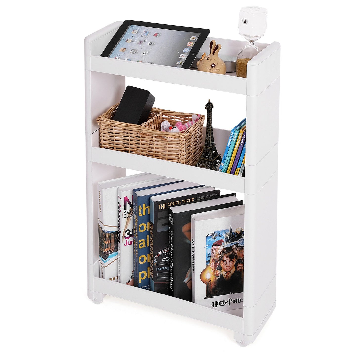 SONGMICS narrow gap storage cart with 3 shelves, niche cabinet on wheels for kitchen, bathroom, basement, KFR09WT, white, 45 x 17 x 68.5 cm