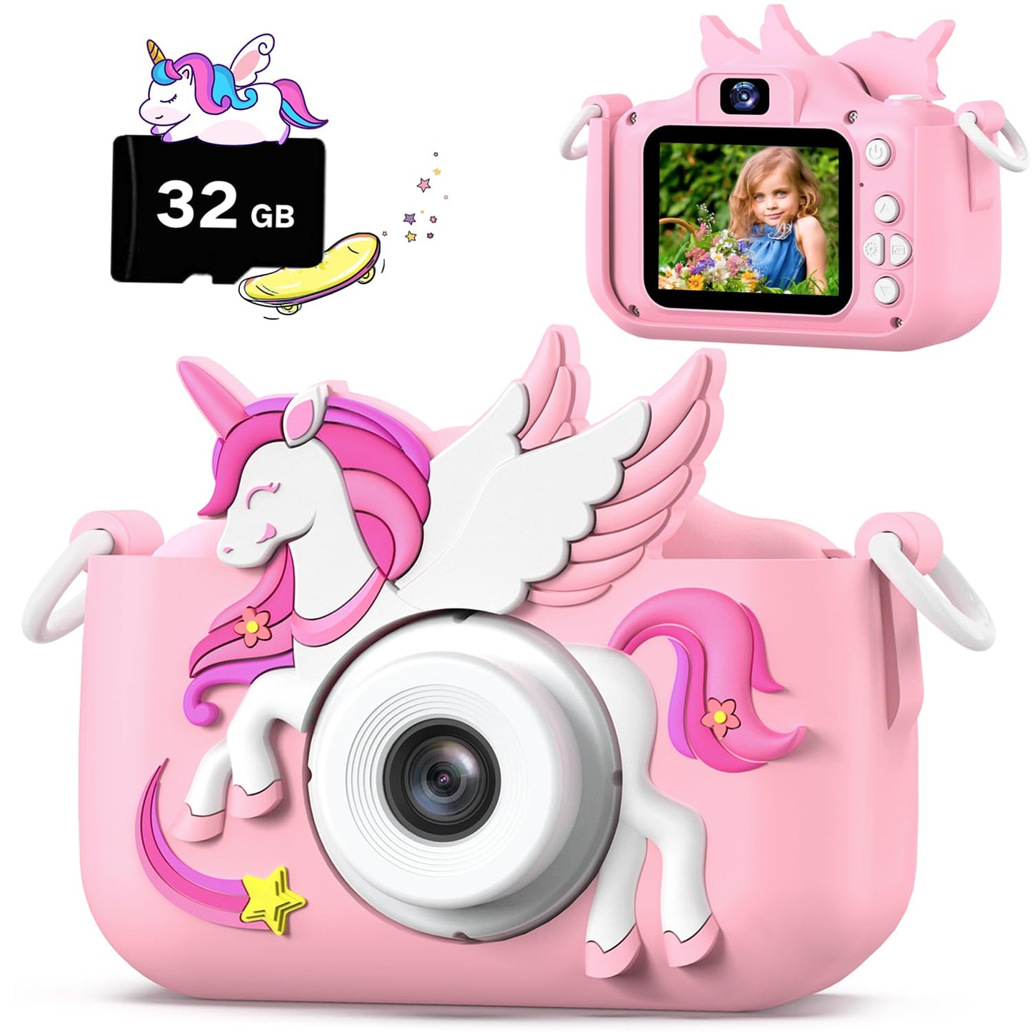 Children's camera, Unicorn Selfie Digital Camera with 32GB Card, Christmas birthday gift for boys and girls, 1080P HD Kids Camera, gifts toy for 3 4 5 6 7 8 9 10 11 12 years.