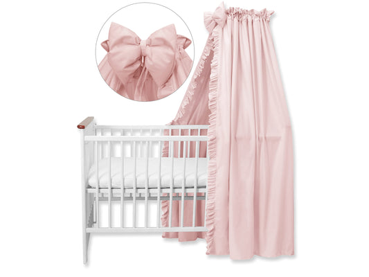 Balbina canopy 100% cotton, decoration set for crib, bed canopy with ruffle & bow, mosquito net for nursery, opaque bed curtain without canopy rod, 240 x 165 cm, powder pink light.