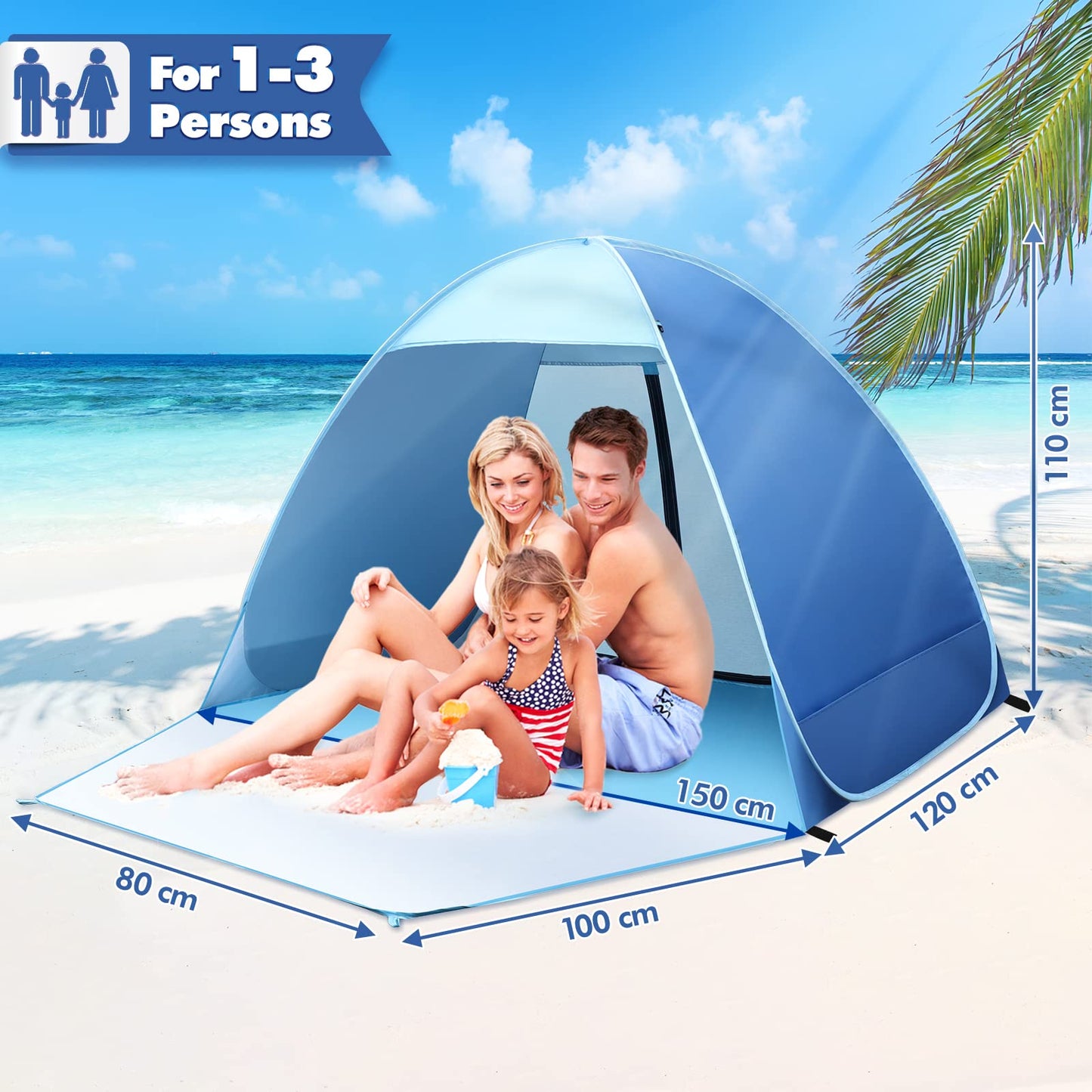 Pop-up beach tent, 2-3 person family tent with UV protection UPF 50+. Beach tent with zipper backdoor, front door with buckles. Compact size for sun protection at the beach or in the garden.