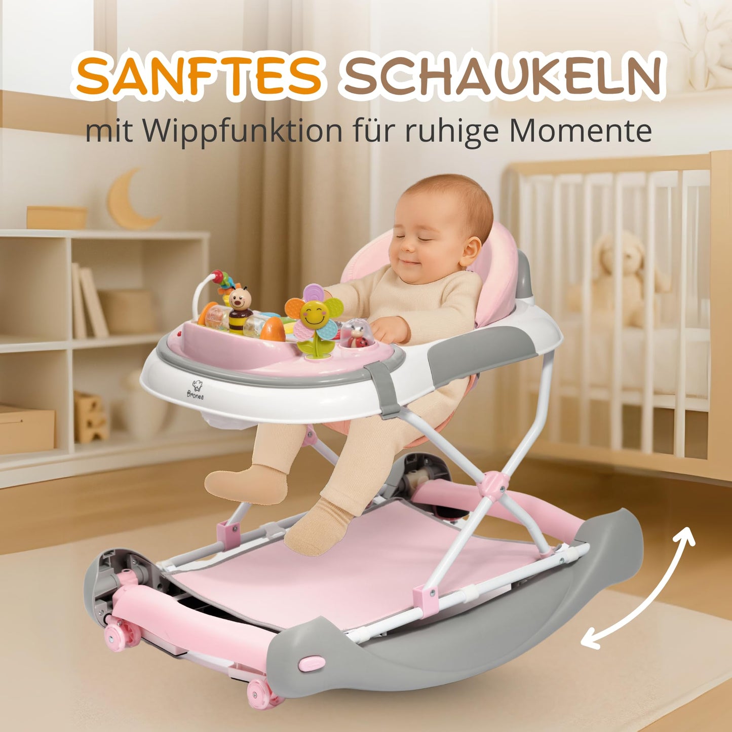BRONEA® 4-in-1 Baby Walker for ages 6 months and up | Walker with rocking function and musical play panel | Adjustable height, foldable design | Features quiet wheels and brakes for safety