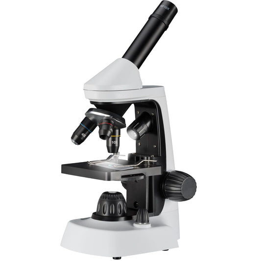 Bresser Junior microscope 40x-2000x with innovative smartphone holder and adjustable incident and transmitted LED lighting.