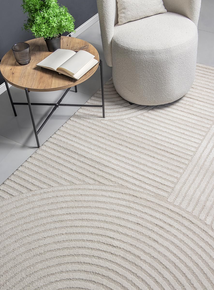 The carpet Everest - modern short pile rug for living room bedroom with high-low effect, 3D effect, high pile density and pleasantly soft, Cream, 200 x 290 cm