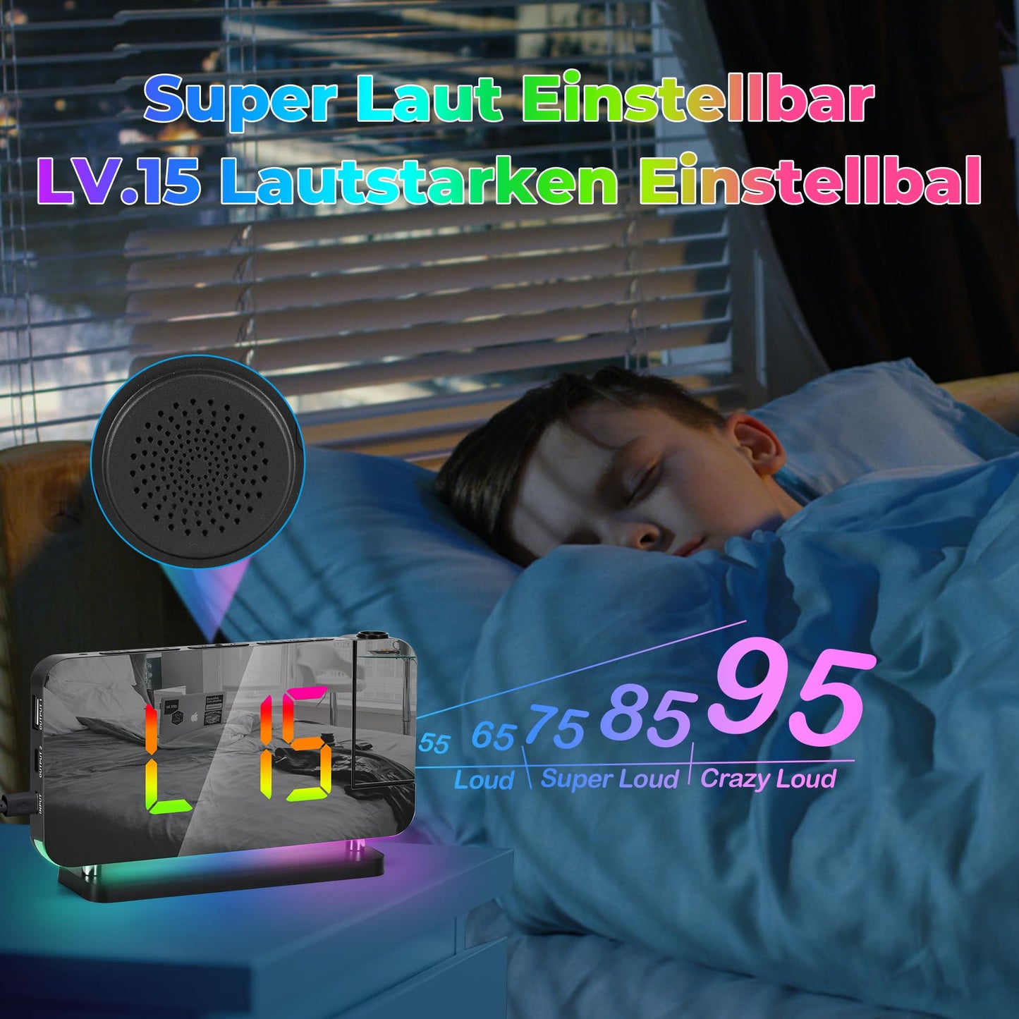 SZELAM Digital Alarm Clock, Radio Alarm Clock with Projection, 7.4" LED Radio Alarm Clock with Sleep Timer, 180° Rotatable Projector, 10-Color Nightlight, 11 RGB Color Digital Display, Digital Table Clock for Kids, Girls