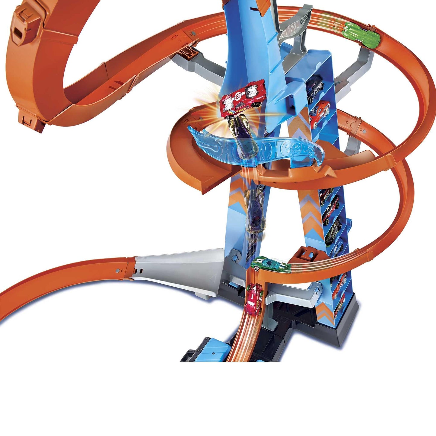 Hot Wheels GJM76 - Sky Crash Tower 83 cm tall with battery-powered accelerator and looping, gift for kids aged 5+.