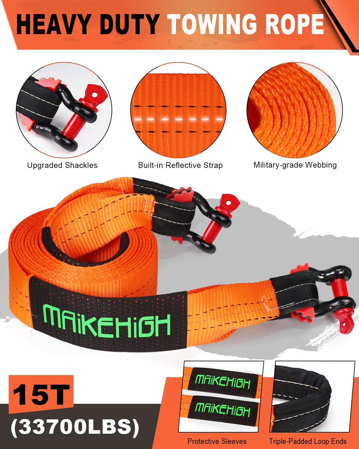 MAIKEHIGH Tow Strap 15 Tons (33,700 Lbs), 6M x 7.6cm Tow Strap with 2 Upgraded Shackles Hooks, 2 Gloves for Car, Truck, SUV, Offroad (Orange)