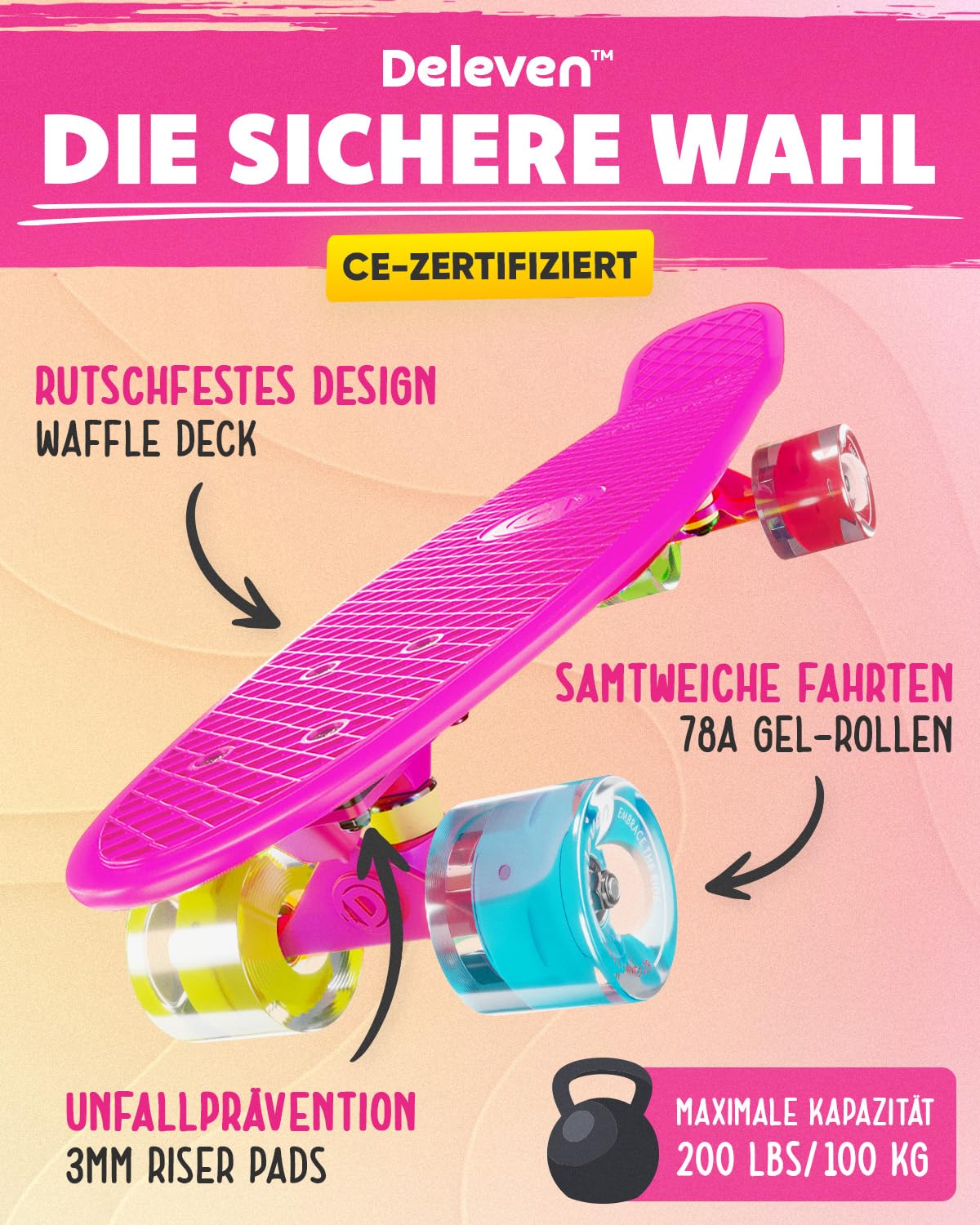 Deleven skateboard with carrying bag, LED wheels, skate tool, and ABEC 7 bearings - for kids, adults, beginners - 56 cm