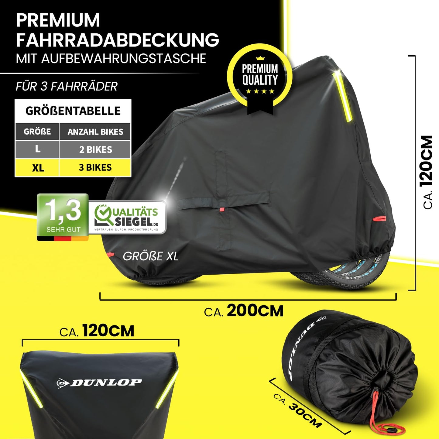 Dunlop Bicycle Garage for 3 bikes - Premium bike cover Anti Rust 200x120x120 cm with carrying bag, battery access, and 2 lock passages I Bicycle protective cover Bike (XL - 3 bikes)