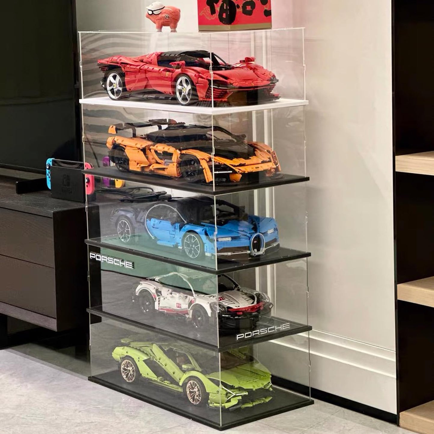 Acrylic display case for Lego 42172 McLaren P1 42143 42096 42156 42115 model cars collectibles, glass showcase acrylic box clear large with wood-plastic base & lights, black interior 60x30x20cm