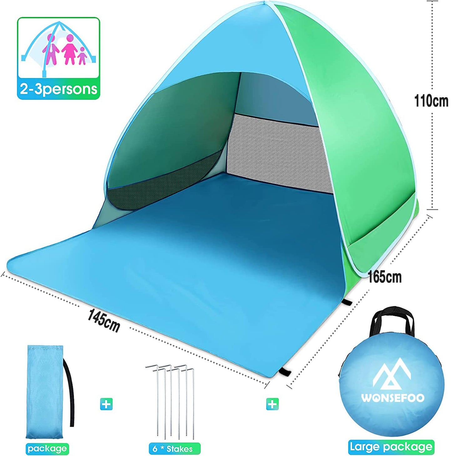 WONSEFOO Beach Tent UV Protection 50+ | 2-3 Person Beach Shelter | Pop-up Waterproof Portable Instant Tent | Beach Canopy for Family Camping Garden Beach