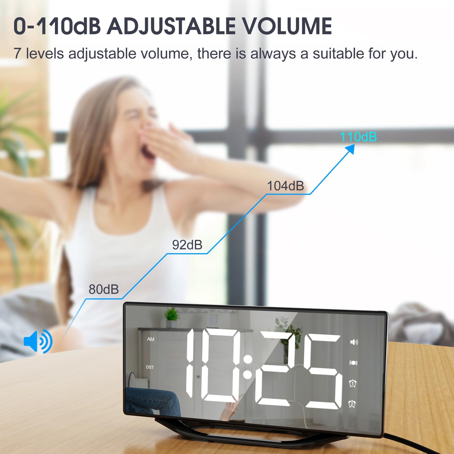 Loud alarm clock with bed shaker for heavy sleepers, digital dual alarm clock with vibration, 8.7'' LED mirror alarm clock for kids, teens, 7 volume levels and dimmer, battery backup, snooze, 12/24H-DST.