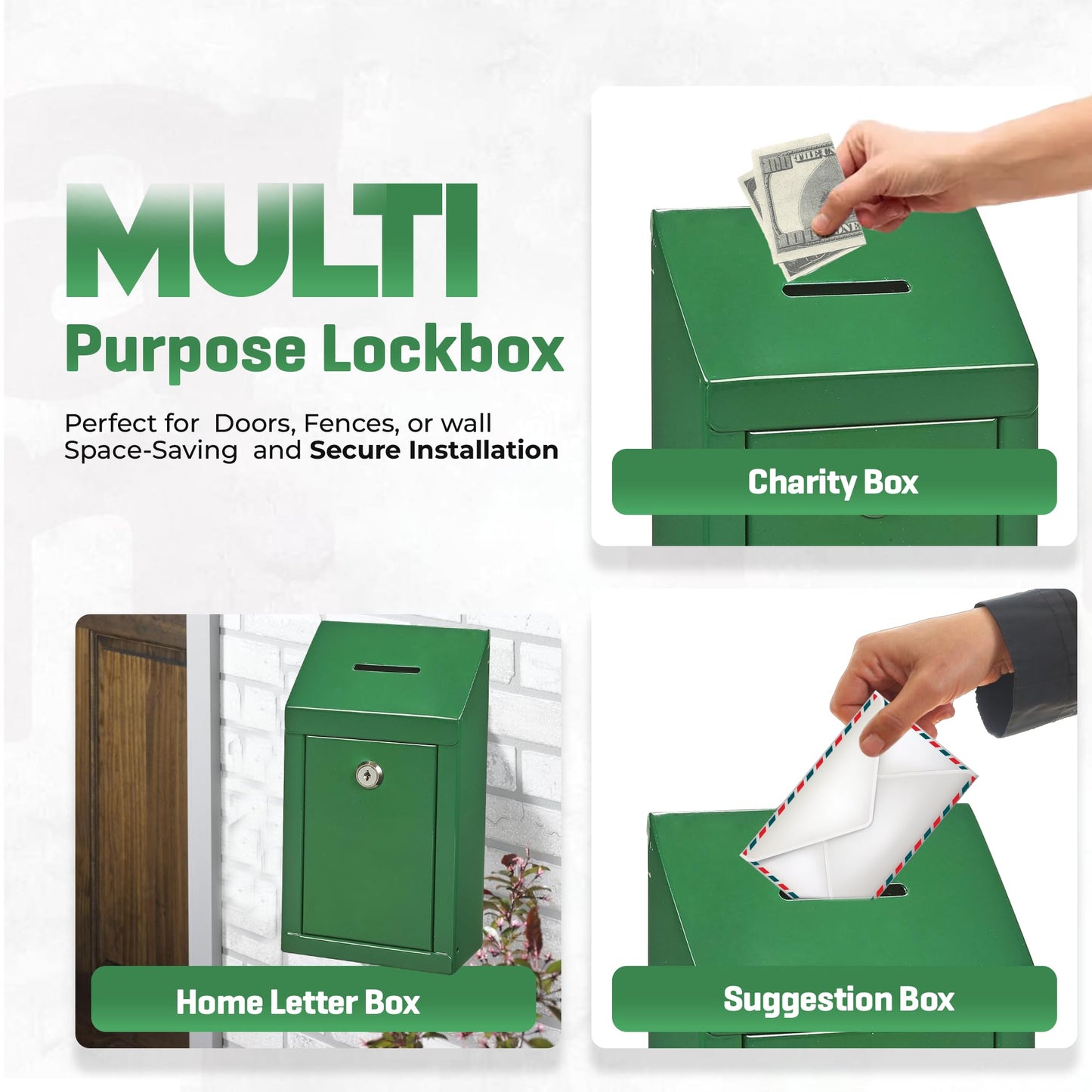 Metal donation box for wall mounting or countertop, with coin slot, lock with 2 green keys.