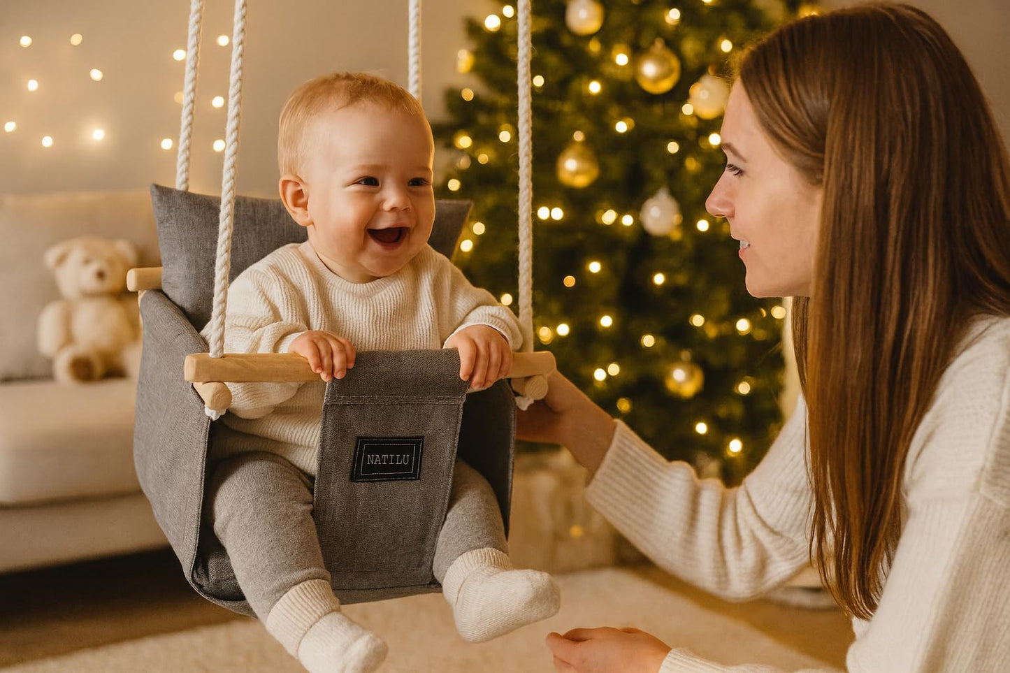 NATILU® Baby Swing Set Indoor Outdoor | Baby Swing | Baby swing Indoor | Wooden Kids Swing | Wooden Swing for Children | Swings for Door Frames (Silver)