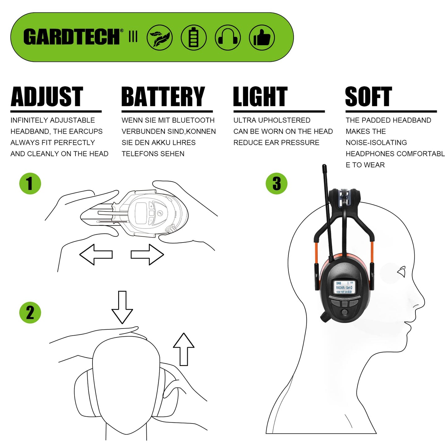 Gardtech ear protection with DAB+/FM radio, Bluetooth, MP3, safety earmuffs with NRR 29dB, noise-canceling headphones for men and women, earmuffs for shooting and mowing.