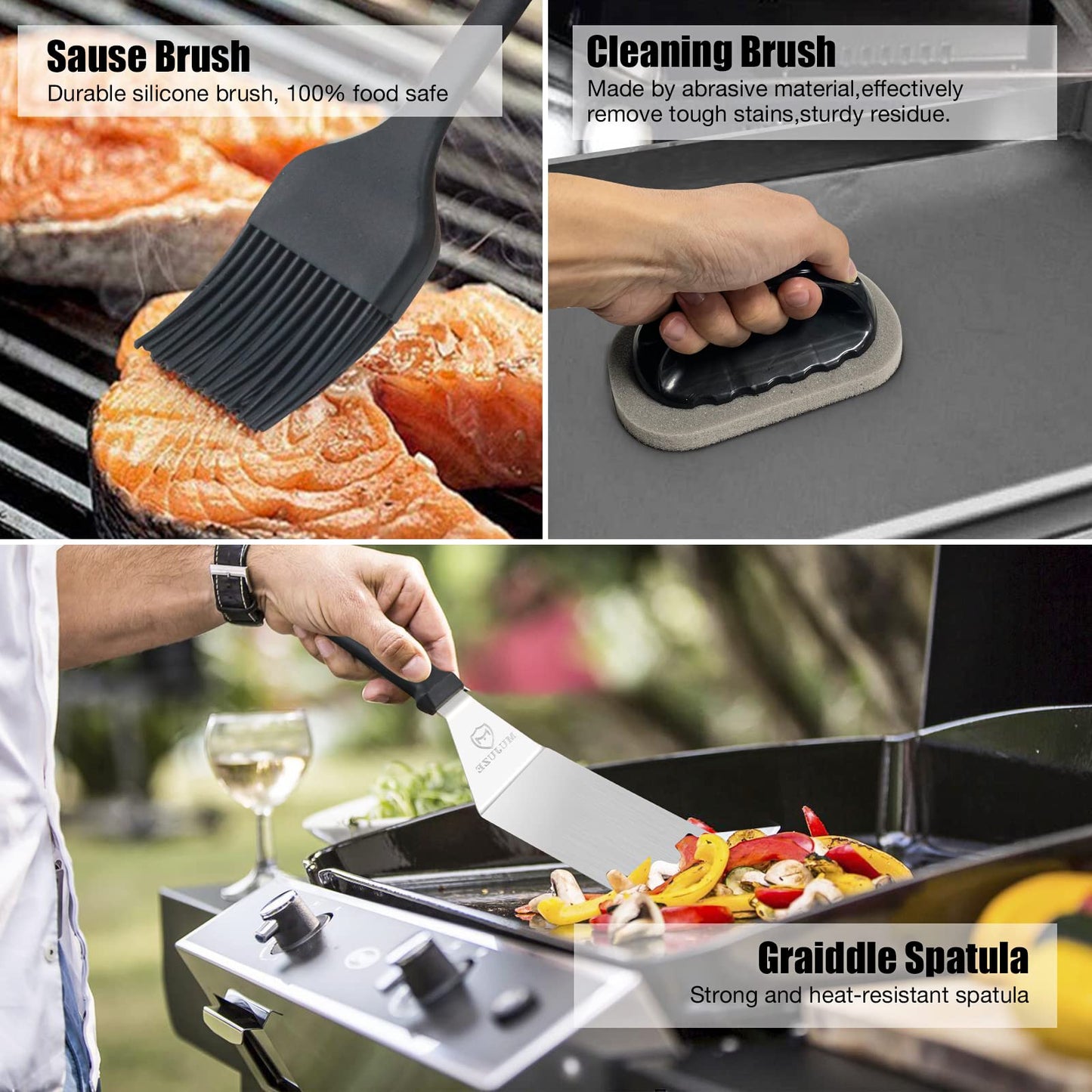 MUJUZE stainless steel grill spatula set, gift for men dad plancha spatula grill accessories in case, professional pancake turner grill spatula accessory for teppanyaki and camping.