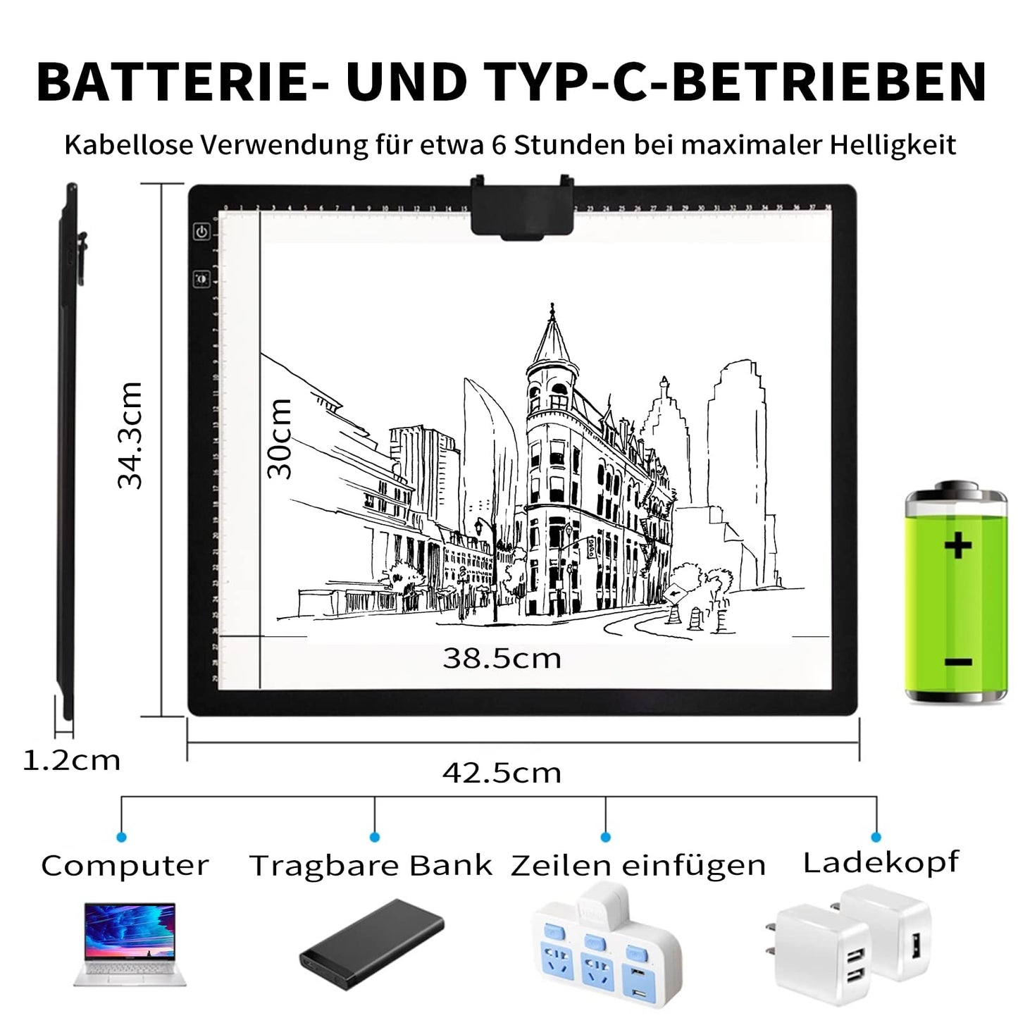 A3 light table with bag, wirelessly battery-operated light box. 3 colors dimmable and 6 brightness levels light board for tracing, rechargeable light pad for diamond painting, sketching.