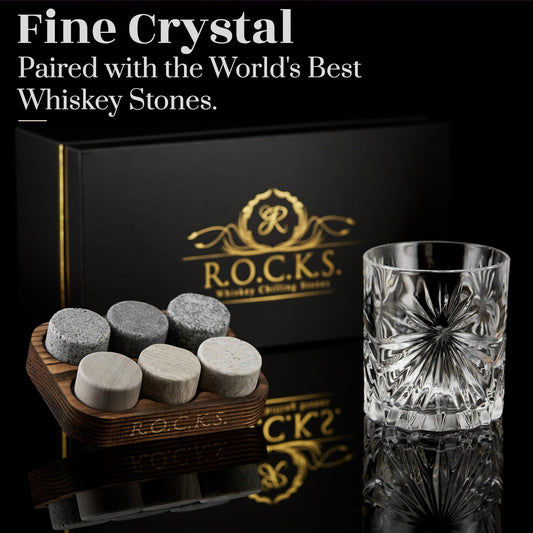 Whiskey Stones & Eco-Friendly Crystal Whisky Glass Gift Set - 6 Handcrafted Round Granite Chilling Stones - Whiskey Glass Soleil from Europe (315 ml) - Hardwood Tray - Gift Box By Rocks