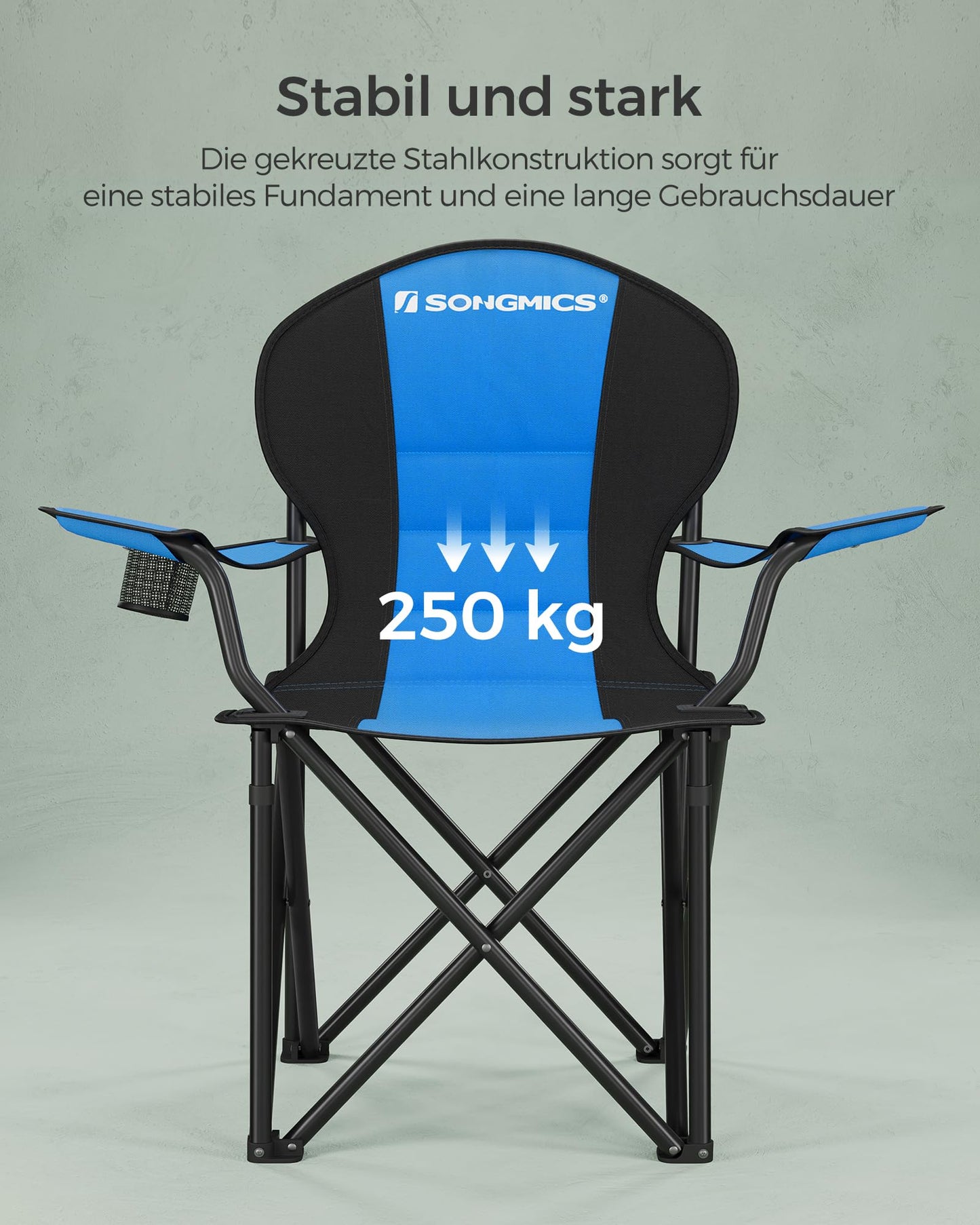 SONGMICS Beach Chair, Camping Chair, Folding Chair with Drink Holder, Foam Padding, Foldable, Supports up to 250 kg, Outdoor Chair, Blue-Black GCB06BU