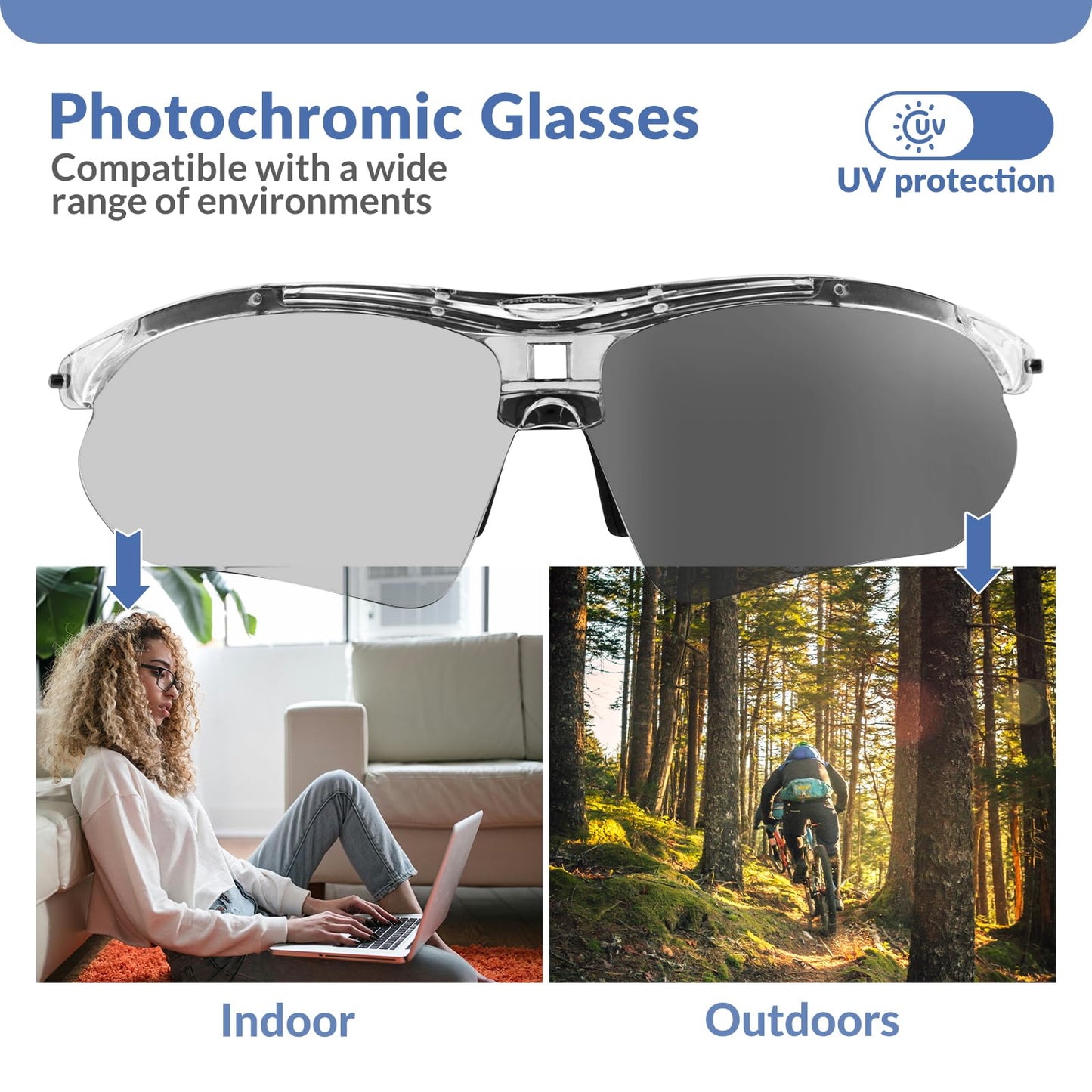 ROCKBROS self-tinting cycling glasses sunglasses for men/women with UV 400 and headband for eyeglass wearers. Ideal for outdoor activities like running and mountain biking. Transparent lenses.