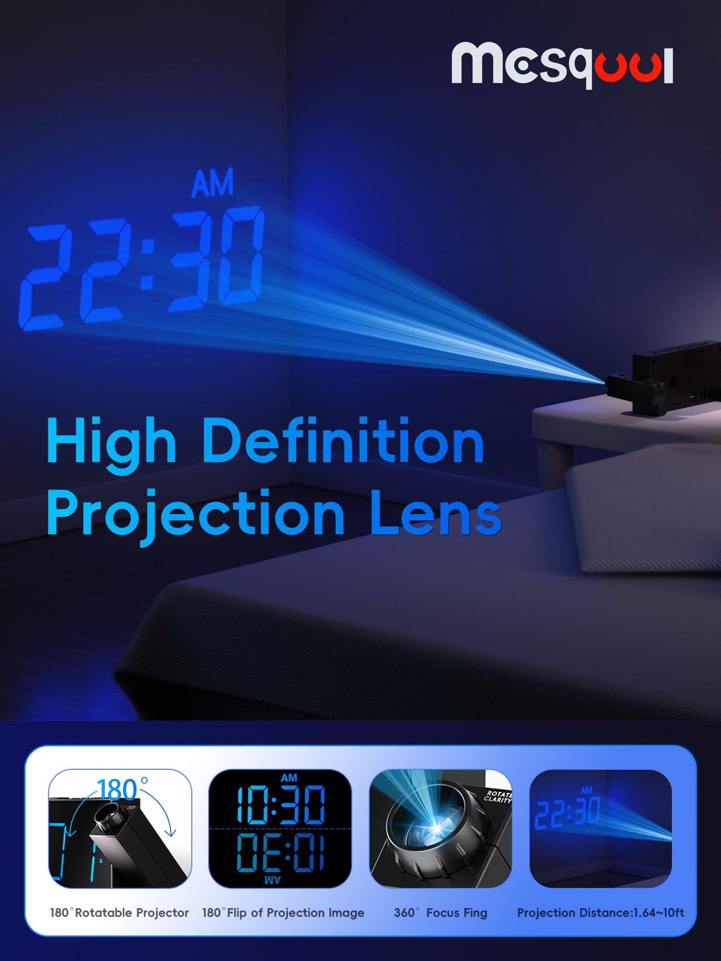 Projection alarm clock, 7-inch digital display and dimmer, dual alarms, USB port, adjustable alarm volume, snooze, 12/24 hour format, battery backup for bedroom, ceiling, wall, home, kids, seniors.