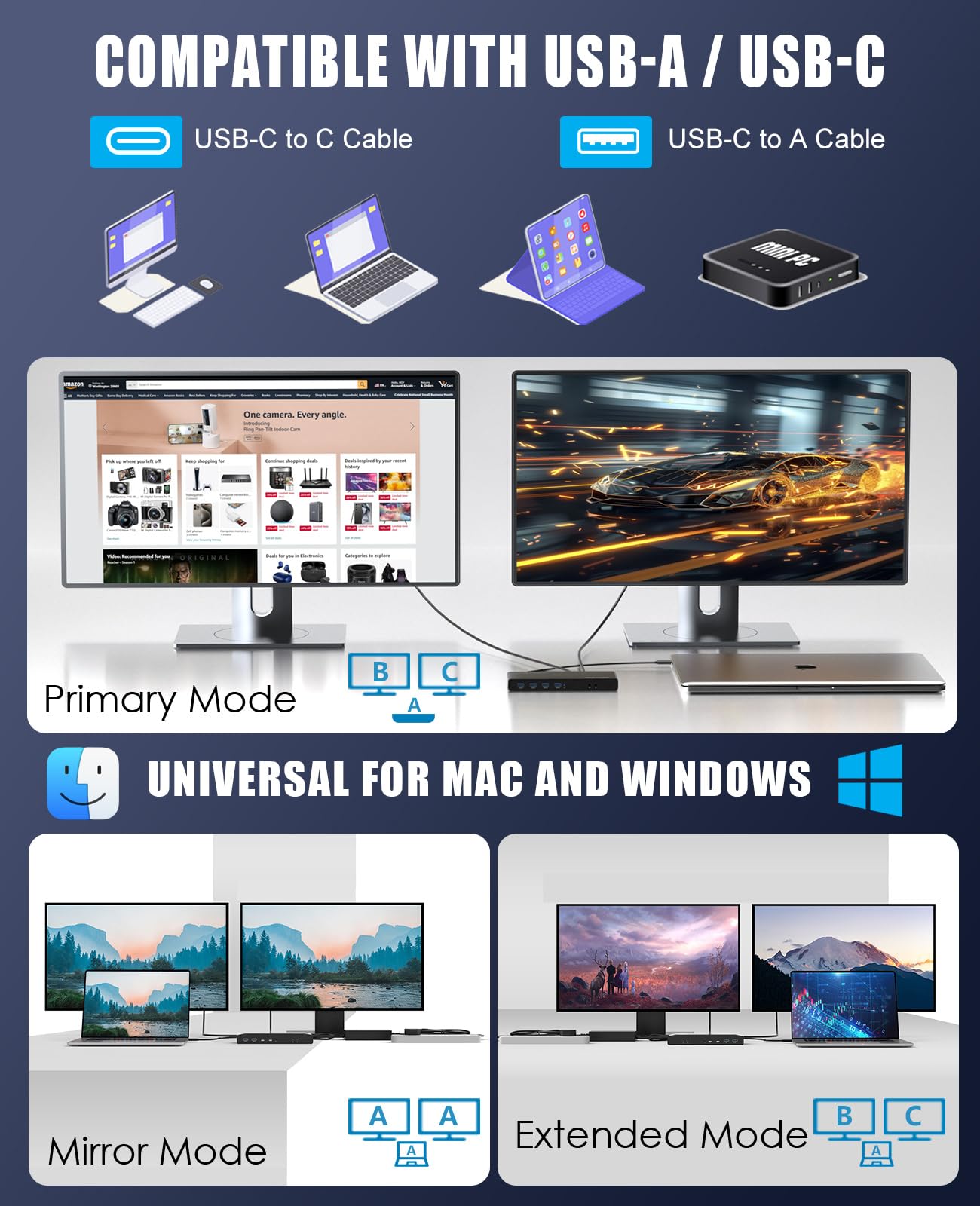 WAVLINK USB 3.0 Universal Laptop Docking Station, USB C to 5K/Dual 4K @ 60Hz video outputs Dual Monitor for Windows, (2 HDMI & 2 DP, Gigabit Ethernet, 6 USB 3.0)