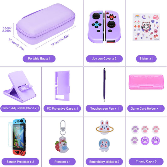Switch case for Nintendo Switch - innoAura 18 in 1 Switch accessory kit with Switch case, Switch case, Switch game storage, Switch screen protector, Switch stand, Switch joystick caps (Purple)